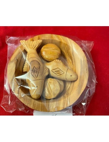 Bol des pains et des poissons – Sculpture artisanale en bois d’olivier de Bethléem