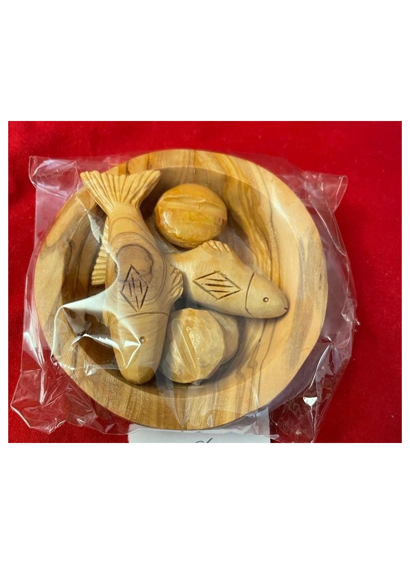 Bol des pains et des poissons – Sculpture artisanale en bois d’olivier de Bethléem