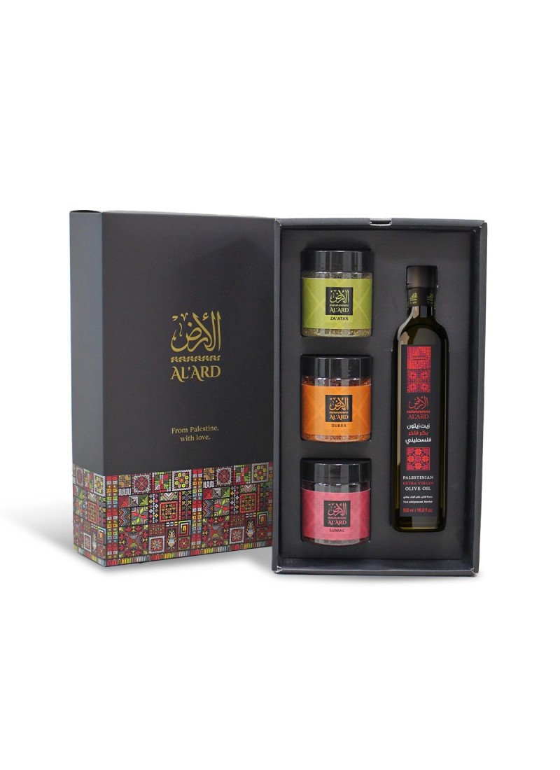 Coffret Gastronomique Palestine – Huile d’Olive 500 ml, Zaatar, Dukkah & Sumac