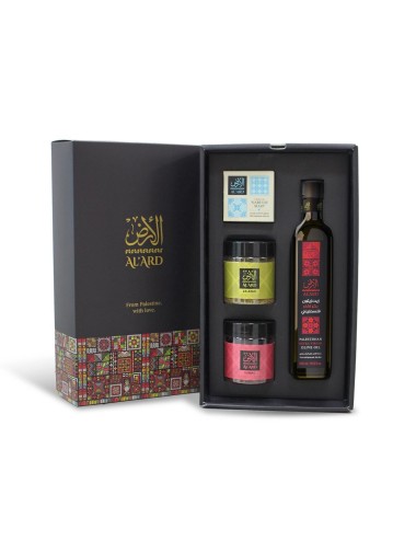 Coffret Cadeau Palestine – Huile d’Olive 500 ml, Zaatar, Sumac & Savon Nabulsi