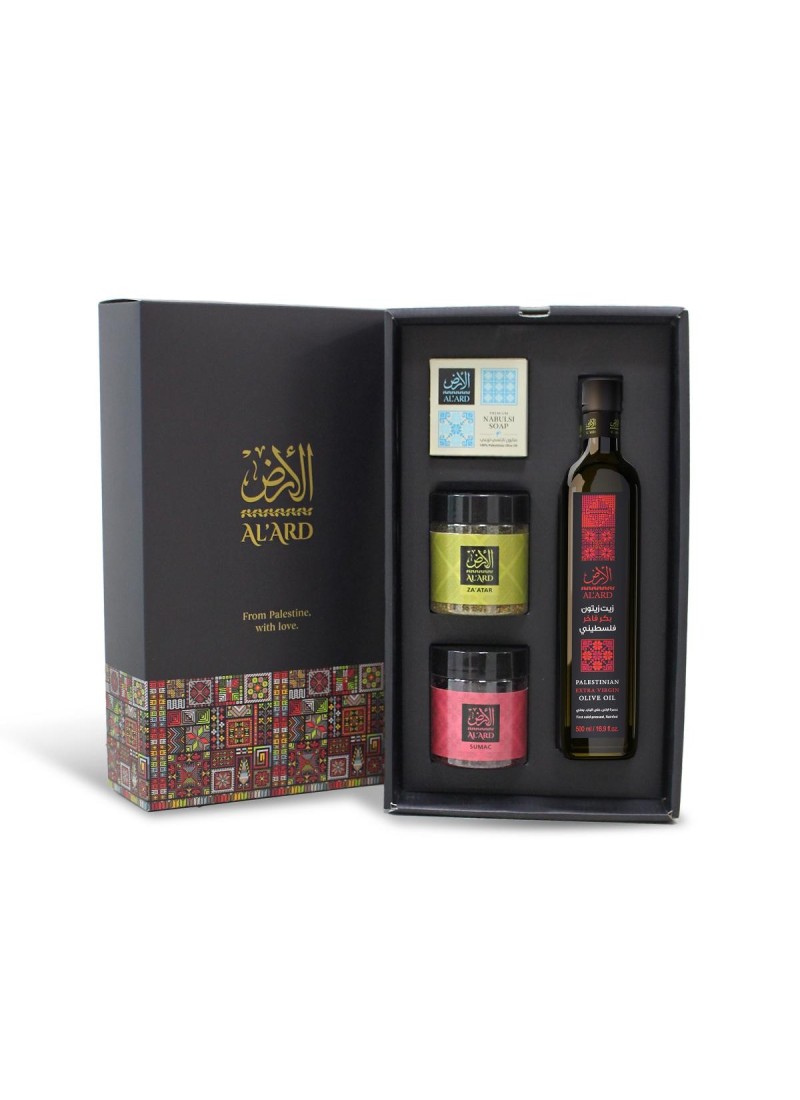 Coffret Cadeau Palestine – Huile d’Olive 500 ml, Zaatar, Sumac & Savon Nabulsi